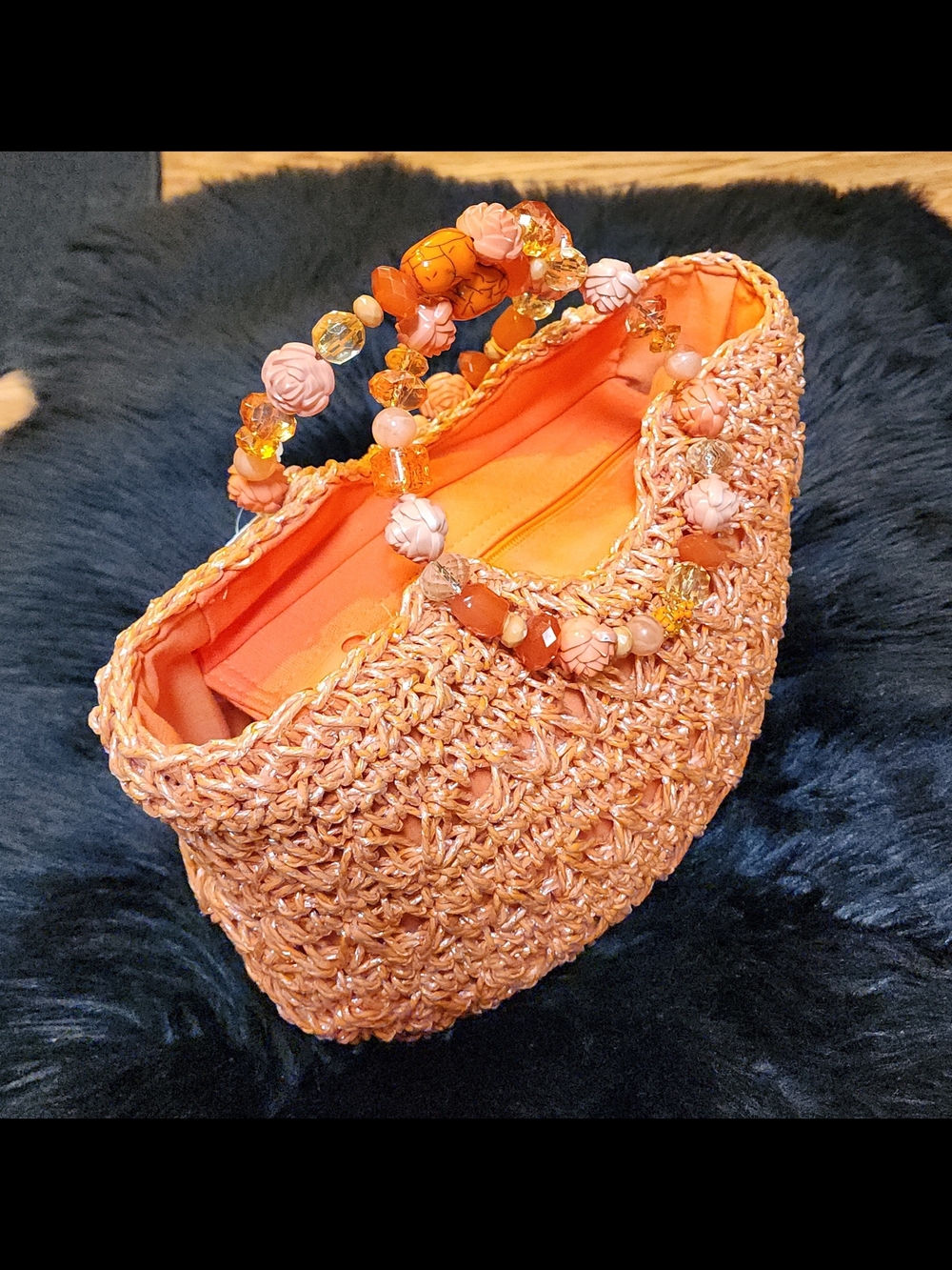 Gorgeous Handwoven Floral Beaded Handle Straw Tote Bag in Coral Orange